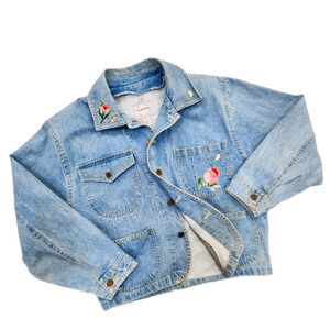 VINTAGE Y2K 80s LOGISTIX Floral Applicay Oversized  Crop Jean JACKET Women's M